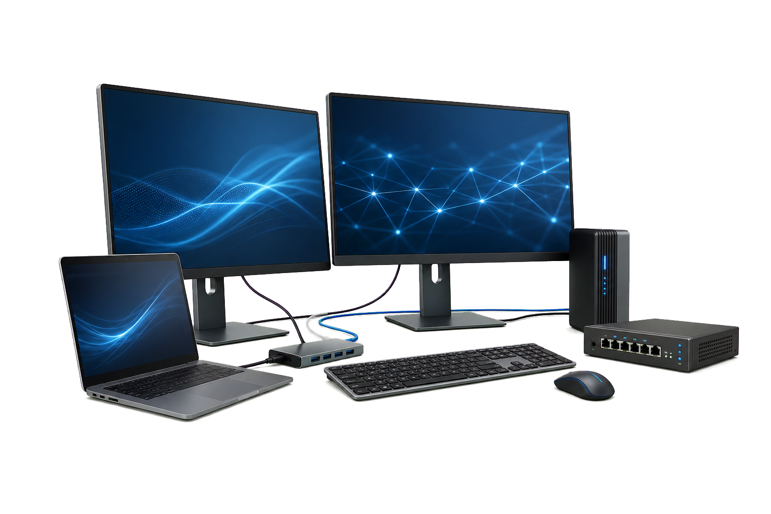 Zestaw komputerów, laptop i urządzenia sieciowe
